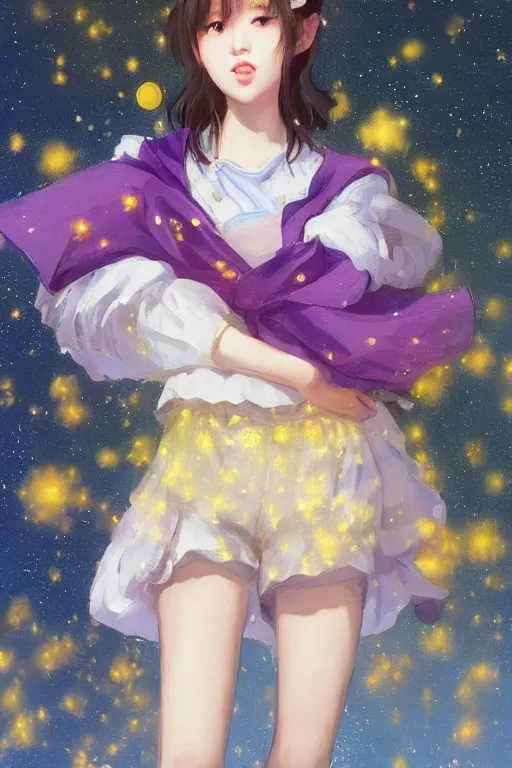 Image similar to Full View portrait of Eunha from Viviz and gFriend with short hair wearin purple overall shorts, short puffy pants, white tights covered in stars, Golden Ribbon, and a billowy scarf making a cute pose. masterpiece 4k digital illustration by Ruan Jia and Mandy Jurgens and Artgerm and greg rutkowski, award winning, Artstation, art nouveau aesthetic, Alphonse Mucha background, intricate details, realistic, panoramic view, Hyperdetailed, 8k resolution, intricate art nouveau