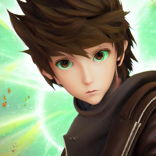 Image similar to a brown haired green eyes boy in a dynamic pose. character design. gesture drawing. line of action. official art, unreal engine 5, unreal engine. tetsuya nomura. medium shot. ray tracing hdr. 8 k. uhd. sharp focus. highly detailed. masterpiece. anime render. cinematic lighting. lifelike. symmetrical face. beautiful face