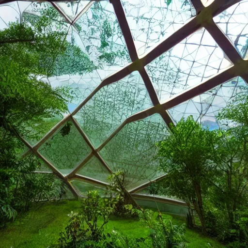 Prompt: inside the giant glass geodesic dome full of forest lush green cover