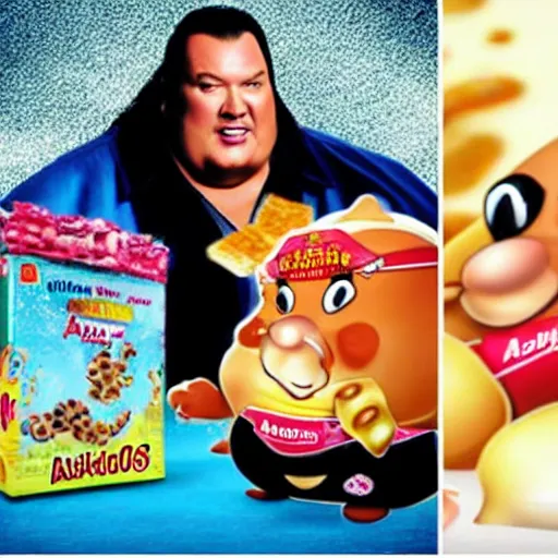 Image similar to obese steven seagal as sponsor of a sugary cereal called aikidos! with hideous cartoon rat mascot