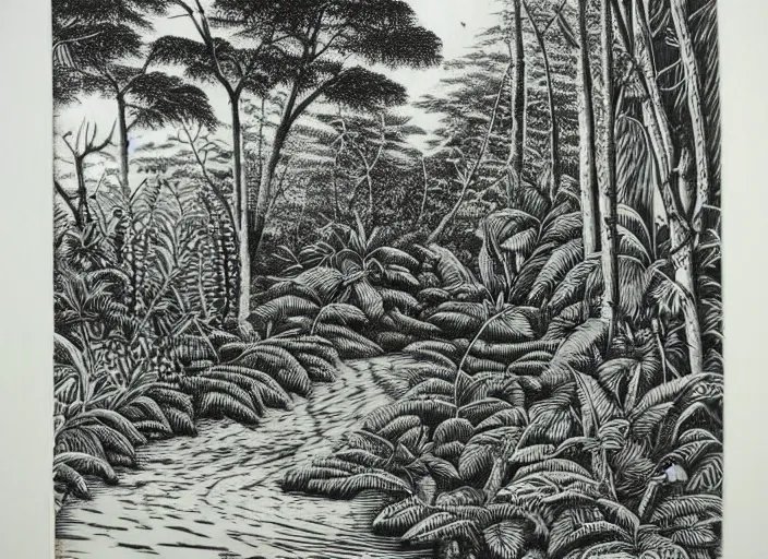 Image similar to a beautiful wood engraving on paper of the jungle