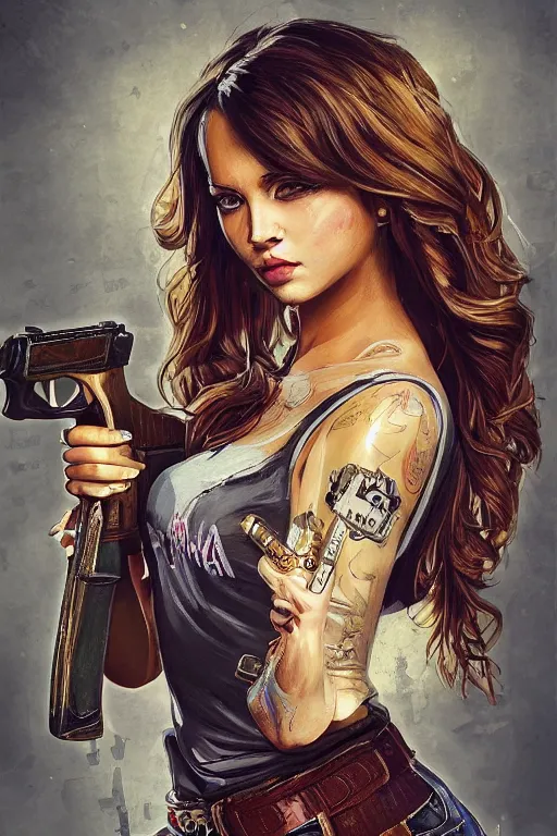 Image similar to painting of a gangster girl holding a pistol, intricate, highly detailed, digital painting, official media, concept art, rich vivid colors, ambient lighting, sharp focus, illustration