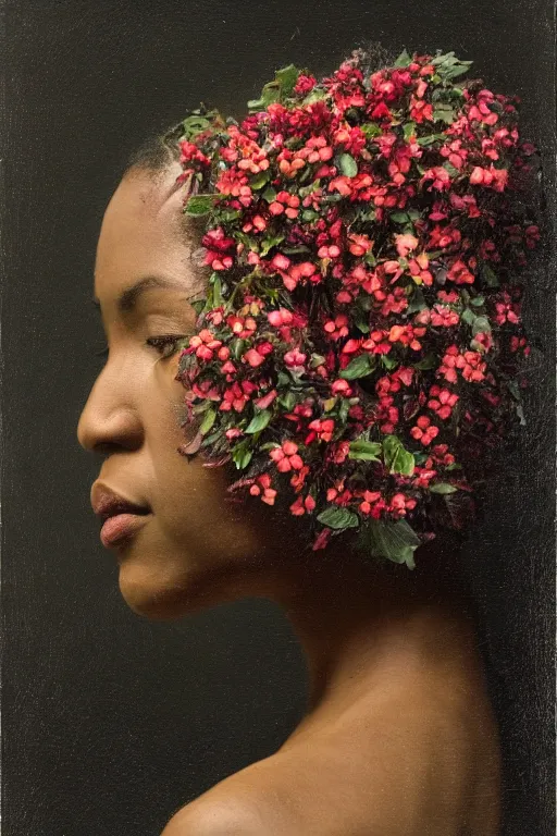 Image similar to an African American woman's face in profile, long dark hair, made of flowers and fruit, in the style of the Dutch masters and Gregory crewdson, dark and moody