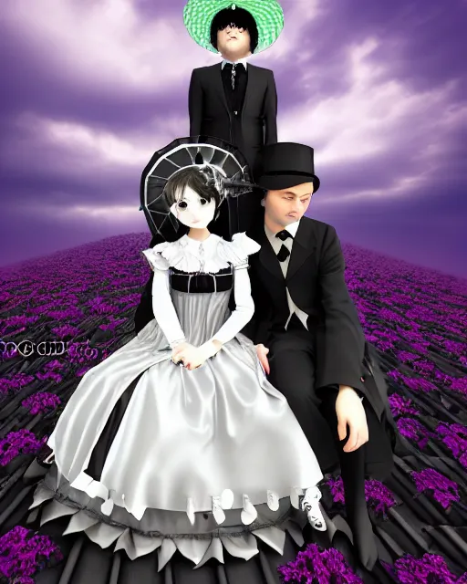 Prompt: a gothic lolita gown woman with a parasol and gothic lolita man with a suit and tie sitting on a cloud surrounded with cibi angles and by the gates of heaven 3 d digital art