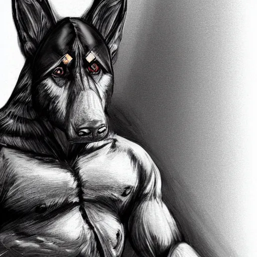 Image similar to a humanoid german shepherd beast - man, wearing gym suit, sitting on a couch, artstation, concept art, smooth, sharp foccus ilustration, artstation