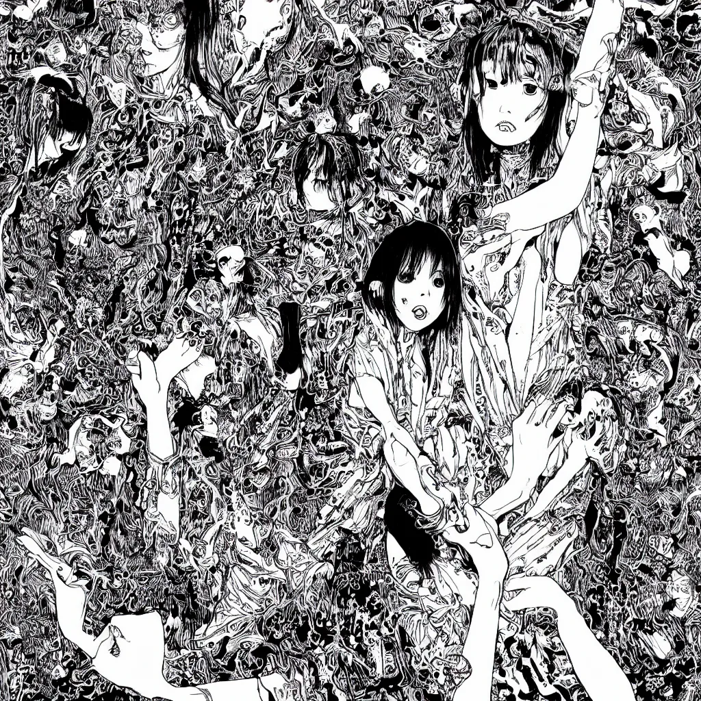 Prompt: horrors beyond comprehension, vile, grotesque, art by junji ito, yuki fujisawa, shintaro kago, intricate, black and white, highly detailed