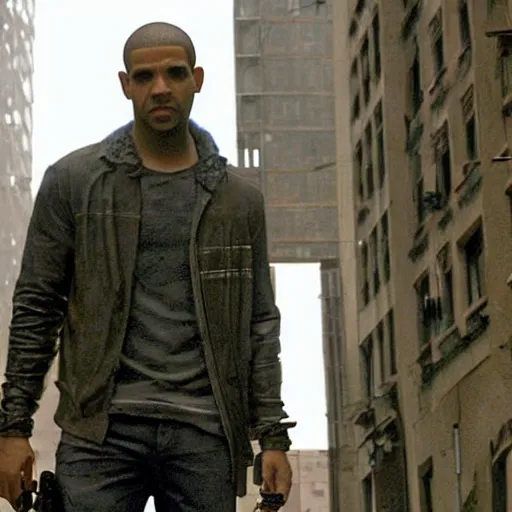Image similar to Drake as Robert Neville in I Am Legend (2007), post apocalyptic city, environment 8k, ruins