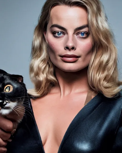 Image similar to portrait of margot robbie with a cat woman costume, full body shot, highly detailed, detailed face, cinematic, professional photograph