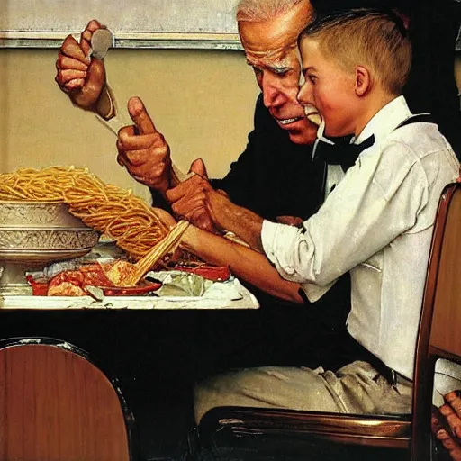 Image similar to joe biden eating a bowl of spaghetti, norman rockwell