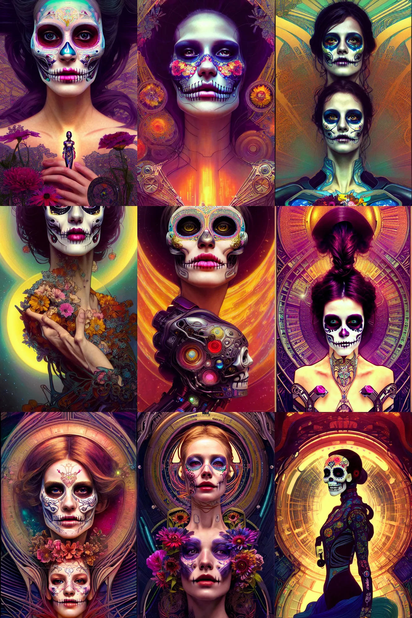 Prompt: beautiful dreaming android! woman. ecstatic portrait, cinestill, blade runner, photorealistic, interstellar, intricate detailed environment. ( el dia los muertos ), 8 k, hd. art nouveau by terry o'neil and artgerm and pollock and greg rutkowski and alphonse mucha and loish and wlop