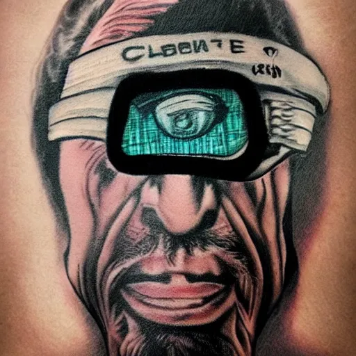 Image similar to old man with cyberarm and eyepatch, face tattoos, punk, grunge, rough, paint, scratchy, science fiction, cyberpunk, retrofuture, illustration