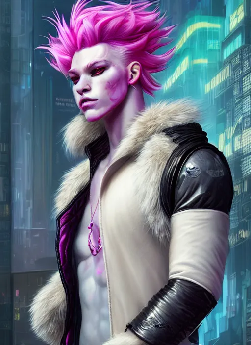 Image similar to aesthetic portrait commission of a of a male fully furry muscular anthro albino lion with a tail and a beautiful attractive hyperdetailed face wearing stylish and creative unkempt black and pink cyberpunk 2077 clothes in a sci-fi dystopian city at golden hour while it storms in the background. Character design by charlie bowater, ross tran, artgerm, and makoto shinkai, detailed, inked, western comic book art, 2021 award winning painting