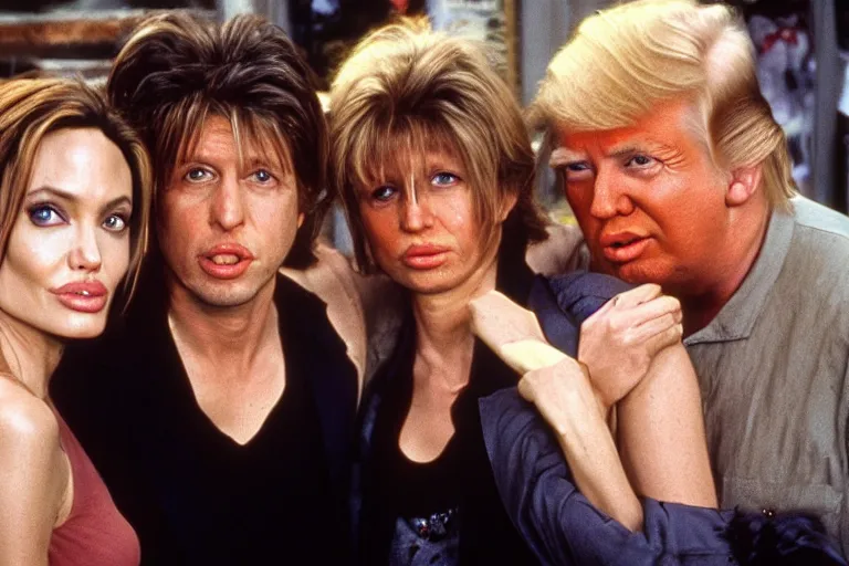 Image similar to Angelina Jolie, boris johnson, The Alien from the movie 'Alien', dolly parton, donald trump are best friends, on set of Friends TV show, still photo, hyperrealistic, 35mm, 8k, by weta digital