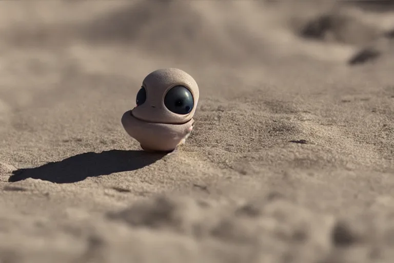 Image similar to vfx movie scene closeup adorable tiny little baby alien creature in moon desert eating a rock. by emmanuel lubezki