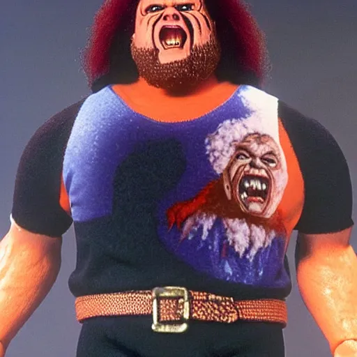 Image similar to screaming chucky doll wwf andre the giant bob ross