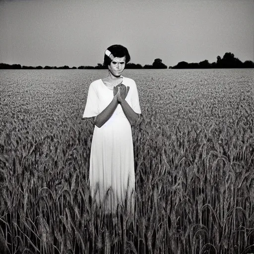 Prompt: the lonely bride in the wheat field at night, southern gothic, photograph by diane arbus, bayou