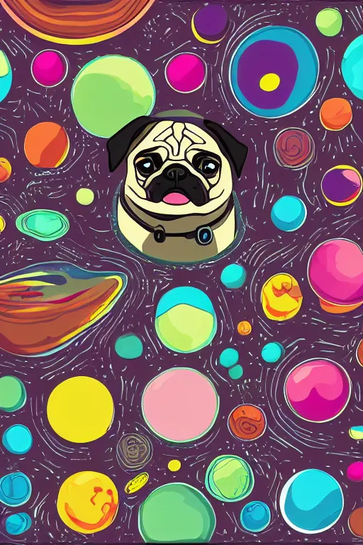 Image similar to Pug as a planet, sticker, colorful, illustration, highly detailed, simple, smooth and clean vector curves, no jagged lines, vector art, smooth