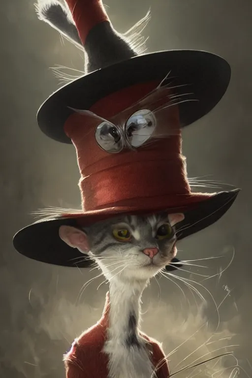 Image similar to complex 3 d render, hyper detailed, ultra sharp of the cat in the hat, scary, cinematic, natural soft light, rim light, art by greg rutkowski and artgerm and dr seuss