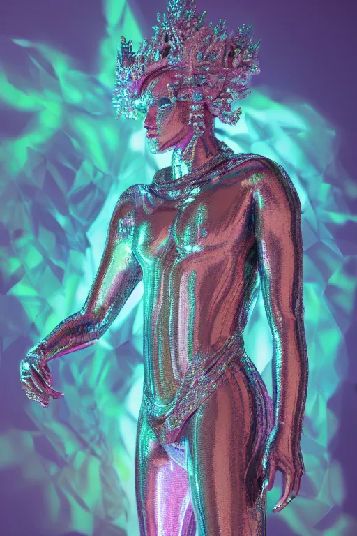 Image similar to hyper detailed ultra sharp portrait of baroque and bladerunner delicate neon diamond sculpture of seductive muscular albino young king, diamond pink sphinx iridescent humanoid deity wearing metallic hoody made out of hands holding the sun prismatic dungeon, glowing blue face, crown of white diamonds, cinematic lighting, photorealistic, octane render 8 k depth of field 3 d
