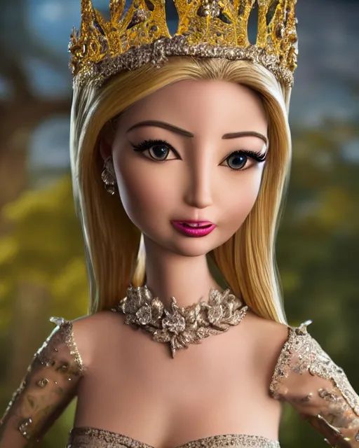 Image similar to highly detailed closeup, face profile portrait of a tin toy ivanka trump as a fairytale princess wearing a crown and eating cakes, bikini, depth of field, nicoletta ceccoli, mark ryden, lostfish, dan decarlo, bob clampett, max fleischer, breathtaking, detailed and intricate environment, 8 k resolution, hyperrealistic, octane render