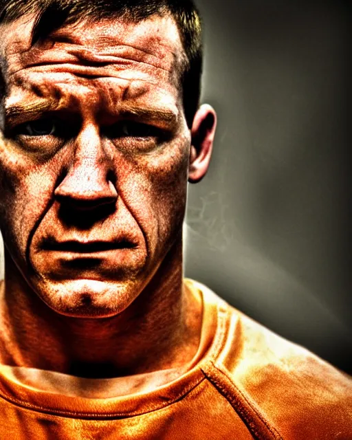Prompt: prison mugshot of john cena, bright flash, orange prison clothes, low saturation, somber expression, filthy hair, rugged textured face, soft vignette, soft focus, 5 0 mm, 4 k, photograph by annie leibovitz