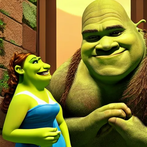 Image similar to two beautiful mature shrek in a summer home, casual summer clothes, gorgeous faces, thick lines, cinematic lighting, detailed anime art