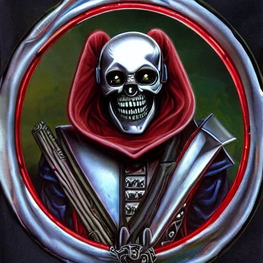 Image similar to high fantasy 1 9 8 0's wargame airbrushed artwork, a giant silver reflective chrome android wearing a mask shaped like an intricately carved beautiful human skull with a giant red pentagram on top and shiny glowing red demonic eyes, shiny black latex armor, inside a futuristic army base