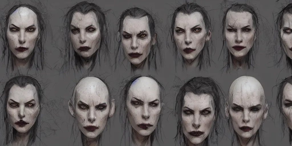 Image similar to gothic character face detail designs, Enki Bilal, Greg Rutkowski, character sheet, Darek Zabrocki, Karlkka, Jayison Devadas, Phuoc Quan, trending on Artstation, 8K, ultra wide angle, pincushion lens effect