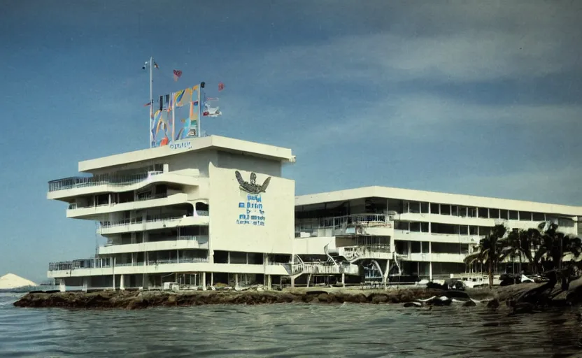 Image similar to marineville, world aquanaut security patrol headquarters, military base, googie aesthetics, coastal area