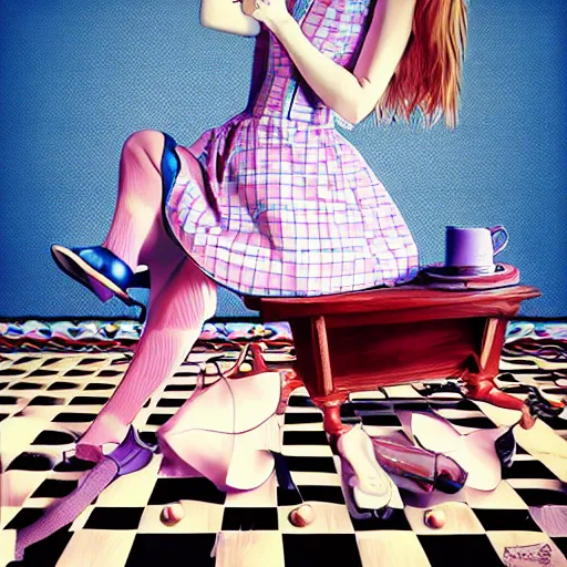 Prompt: alice in the wonderland, sitting, checkered floor, chair, blue dress, blonde by cheval michael