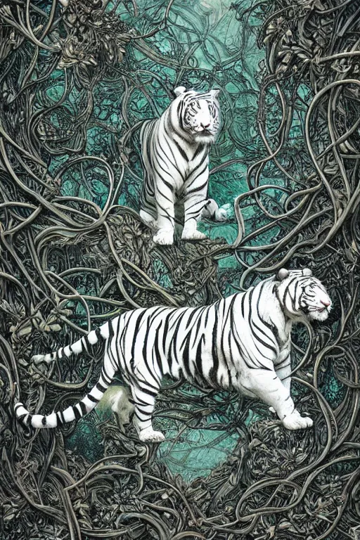 Image similar to ultra realistic full - body white tiger wrapped in vines and white flowers + black paper + elements + white + gold + cyan + baroque + rococo + ink, marc simonetti, paul pope, peter mohrbacher, detailed, intricate ink illustration