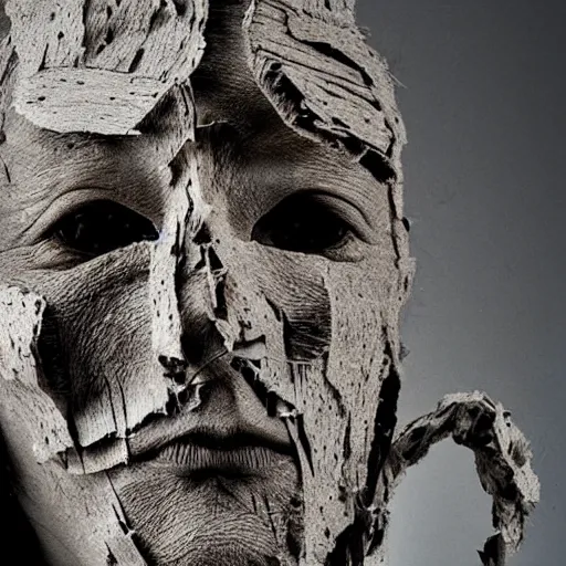 Prompt: surrealism sculpture by enrico ferrarini, human face, torn and ferocious.