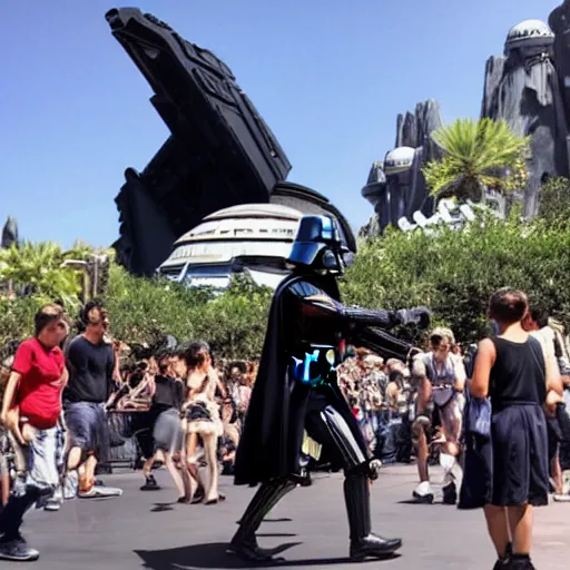 Prompt: darth vader trips and falls down in front of a crowd in star wars land at disneyland, real life, high quality photo