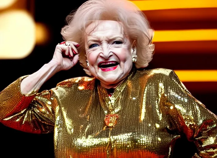 Image similar to publicity photo still of betty white as a gangsta rapper covered in gold chains, with grills in teeth and wearing a jumpsuit live on stage, 8 k, live concert lighting, mid shot