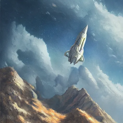 Prompt: detailed painting of a spaceship coming in to land between two mountains, fantasy, high detailed, sabbas apterus