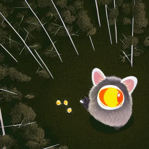 Image similar to a cute racoon with a fried egg on its head, walking in a city that is also a forest, digital art, bird eye view
