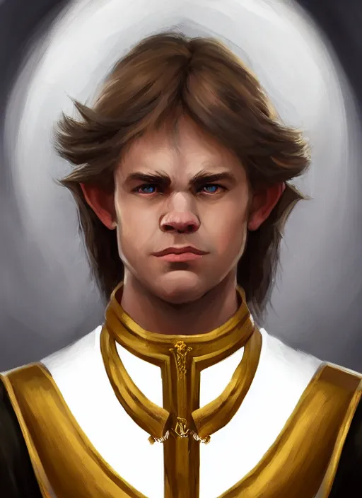 Image similar to symmetry!! oil painting digital art dungeons & dragons facial portrait of a caucasian halfling male cleric, with a ponytail, white robe with gold accents, white and brown robe with gold accents, necklace of a footprint, elegant, highly detailed, digital painting, artstation, concept art, sharp focus, illustration