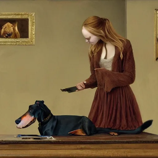 Image similar to Elle Fanning and a Doberman, extremely detailed masterpiece, illustration, by Michael Sowa,