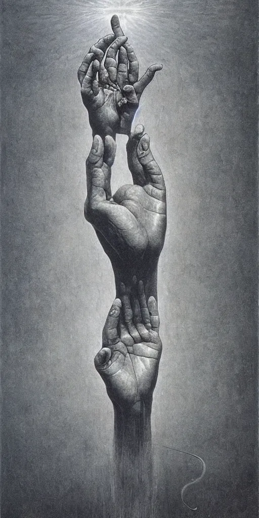 Prompt: a giant hand with an eye at the center, reaches enlightenment and nirvana, beksinski