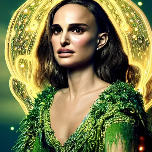 Image similar to portrait natalie portman, glowing, ornate and intricate green jewelry, jaw dropping beauty, glowing background lighting, green accent lighting, hyper detailed, fairy tale, 4 k octane render