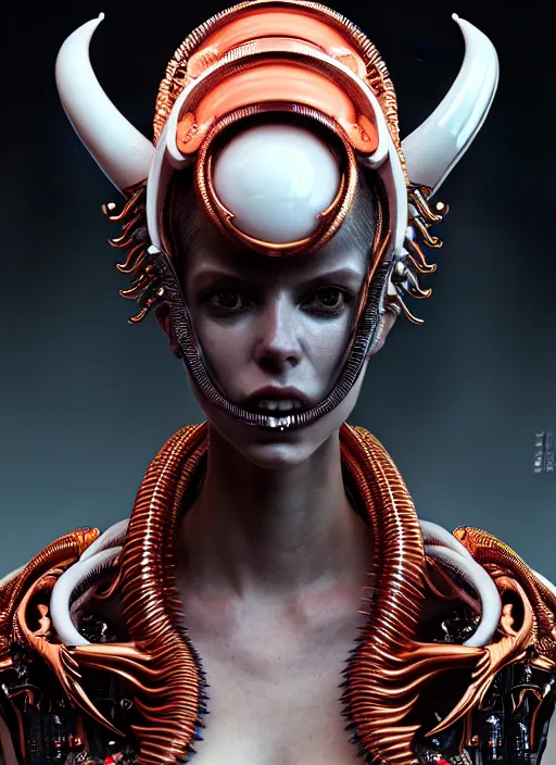Prompt: portrait of an absurdly beautiful, graceful, sophisticated, fashionable cyberpunk xenomorph, hyperdetailed illustration by irakli nadar and alexandre ferra, intricate linework, white porcelain skin, faberge, coral headdress, unreal engine 5 highly rendered, global illumination, radiant light, detailed and intricate environment