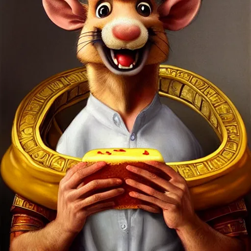 Image similar to realistic portrait beautiful painting depicts Ratatouille as King Pharaoh crowned with cheese in Ancient Egypt. created by Michaelangelo, trending on Artstation,high detailed, digital art.