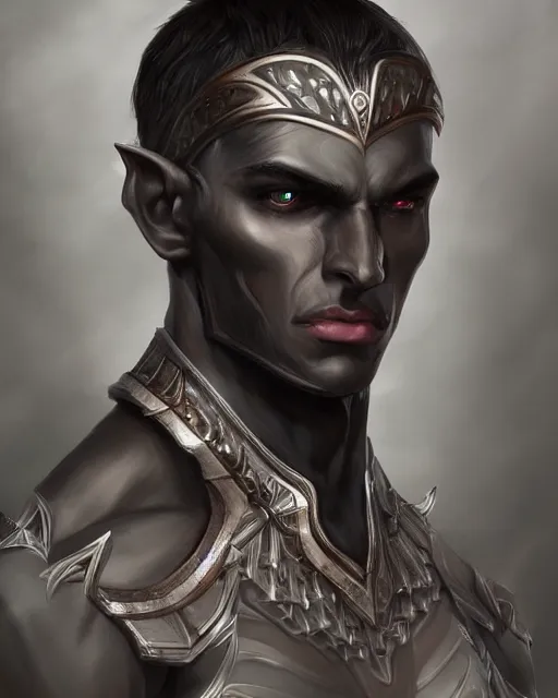 Image similar to portrait of a handsome male dark elf, obsidian skin, fantasy, feminine, elegant, intricate, highly detailed, digital painting, artstation, concept art, sharp focus, illustration