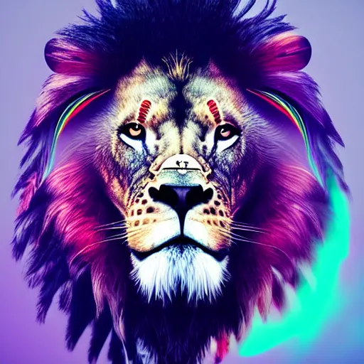 Prompt: “Futuristic lion flying with colorful feather by concept art, wisdom, powerfull, awarded, ultra detailed face, ancient symbols,epic, magical, ultimate, perfect visual, cinematic, sharp focus, centered, nature background, 8K HD Artstation, High quality image”