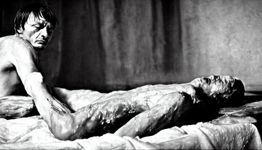 Prompt: 1 9 6 0 s movie still by tarkovsky of jean - paul marat a long knife stab his bloody chest in a neoclassical bath, cinestill 8 0 0 t 3 5 mm b & w, high quality, heavy grain, high detail, panoramic, cinematic composition, dramatic light, anamorphic, raphael style, piranesi style