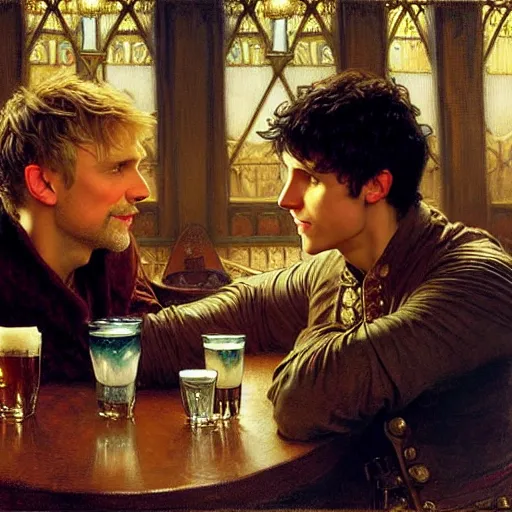 Image similar to attractive arthur pendragon and merlin go to a pub together to have some drinks. highly detailed painting by gaston bussiere, craig mullins, j. c. leyendecker, alphonse mucha 8 k