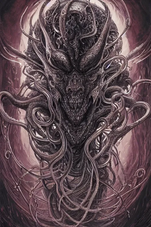 Image similar to realistic portrait of beautifully crystalized and detailed portrait of a necromancer, tentacles, tendrils, eldritch, matte painting of cinematic movie scene red dragon, horror, created by gustave dore and greg rutkowski, high detailed, smooth draw, synthwave neon retro, intricate, realistic proportions, dramatic lighting, trending on artstation.