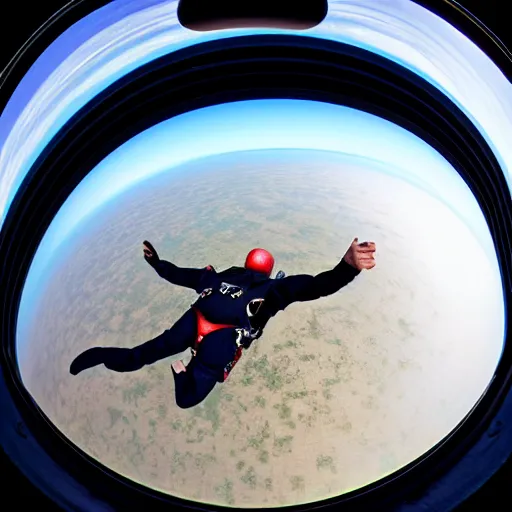 Prompt: Fish-eye lens of Stephen Hawking skydiving in his wheelchair