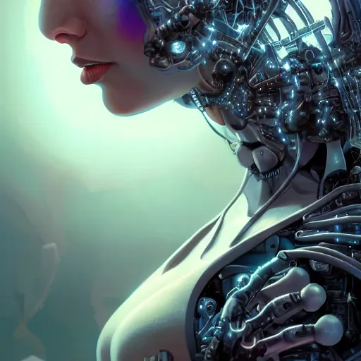 Image similar to highly detailed extreme closeup portrait of a cybernetic woman, in disney, stephen bliss, unreal engine, art by greg rutkowski, loish, rhads, ferdinand knab, makoto shinkai and lois van baarle, ilya kuvshinov, rossdraws, tom bagshaw, global illumination, radiant light, detailed and intricate environment