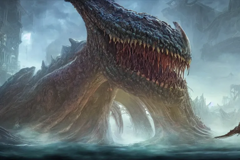 Prompt: highly detailed portrait photo of a huge mûmakil-yogg-saron, in a scenic dystopian environment, hyperrealistic Illustration
